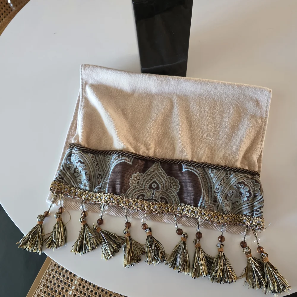 Vintage 2000s Tuscan Dream House Towel Cream and Brown Hand Towel Beaded Tassels